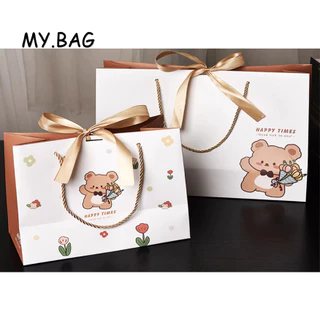 🌷🌷BAG🌷🌷 ถุงกระดาษหูหิ้ว ถุงใส่ของขวัญ HAPPY TIMES ถุงกระดาษน่ารัก ผูกโบว์