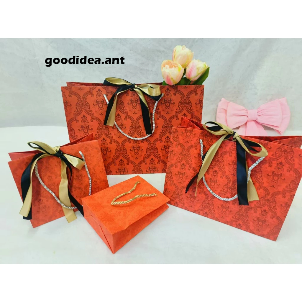 GIDA✏️ พร้อมส่ง ถุงกระดาษ ถุงใส่ของขวัญ ถุงลายชาไทย พร้อมริบบิ้นผูก