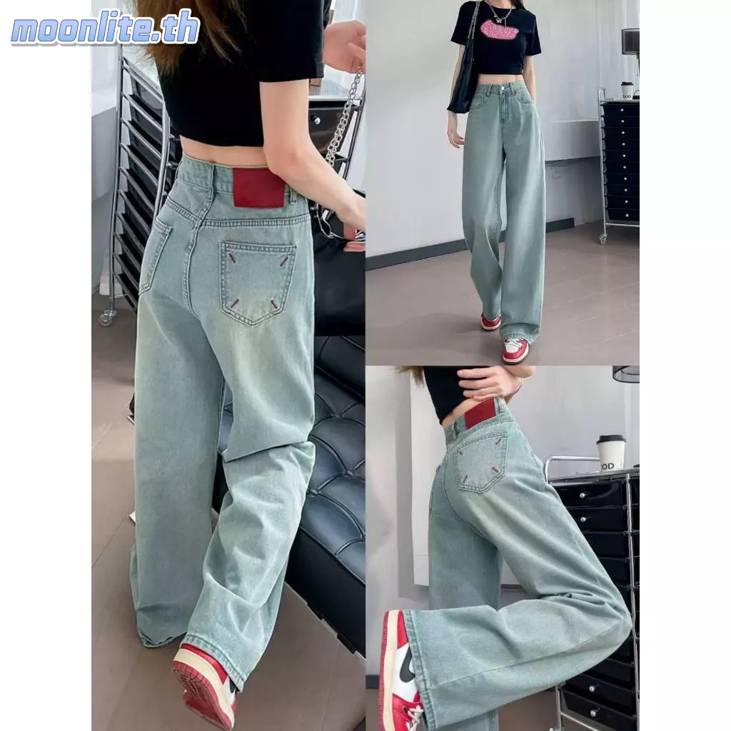 ยีนส์ขากว้างเอวสูงสีน้ำเงินกลาเซียร์สำหรับผู้หญิง ฤดูใบไม้ผลิ 2025 ใหม่ ขนาดใหญ่หลวม กางเกงตรง Moonl