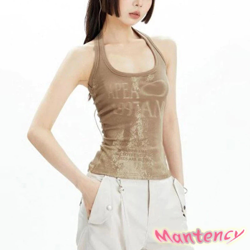 เสื้อครอปท็อป แขนกุด สายคล้องคอ สั้นพิเศษ ลายตัวอักษร รูปที่ 6
