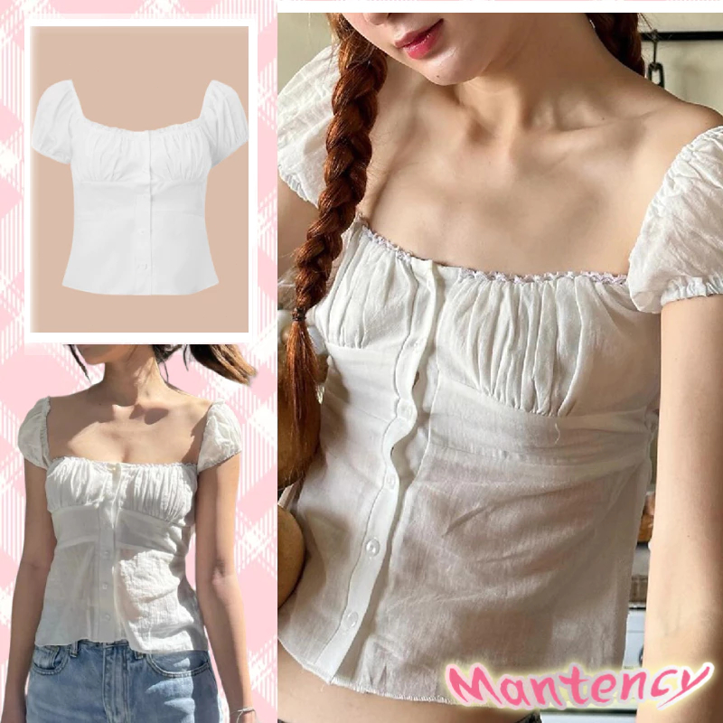 เสื้อคอเหลี่ยมหวานเย็น เสื้อคาร์ดิแกนกระดุมสั้นผู้หญิง เสื้อยืดแขนฟอง-MTY