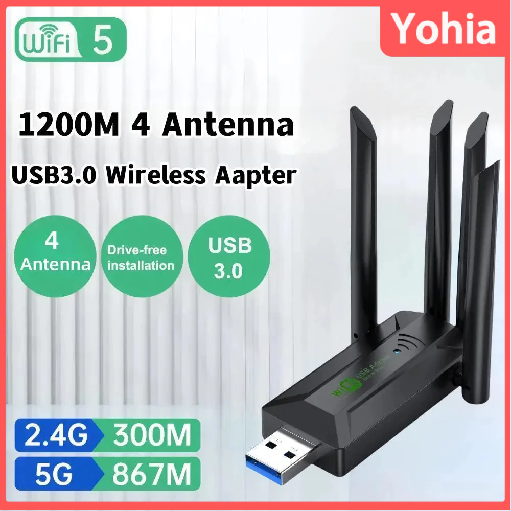ไดรเวอร์ฟรี 1200Mbps USB Wifi อะแดปเตอร์ 4 เสาอากาศ USB การ์ดเครือข่ายไร้สายระยะไกล Dual Band 5GHz USB 3.0 สําหรับเดสก์ท