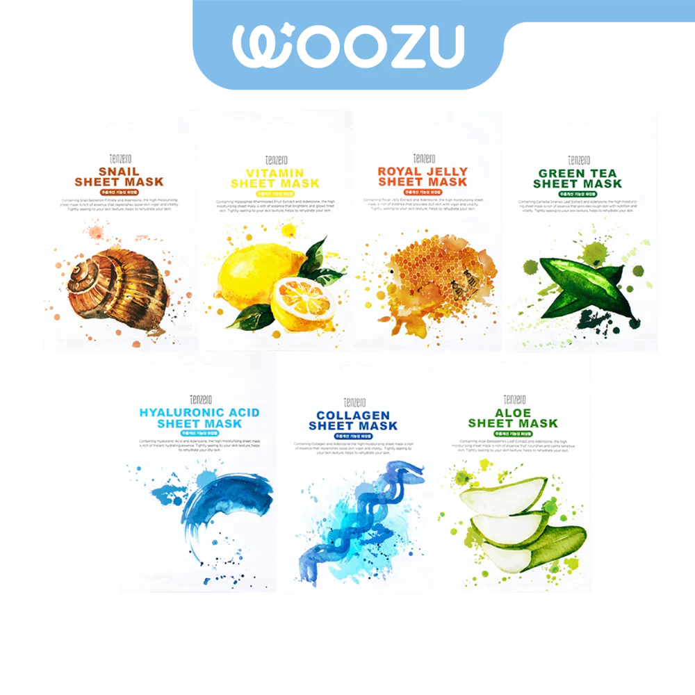 TENZERO Aloe Sheet Mask 25ml/Collagen/Green Tea/Hyaluronic Acid/Royal Jelly/Snail/Vitamin