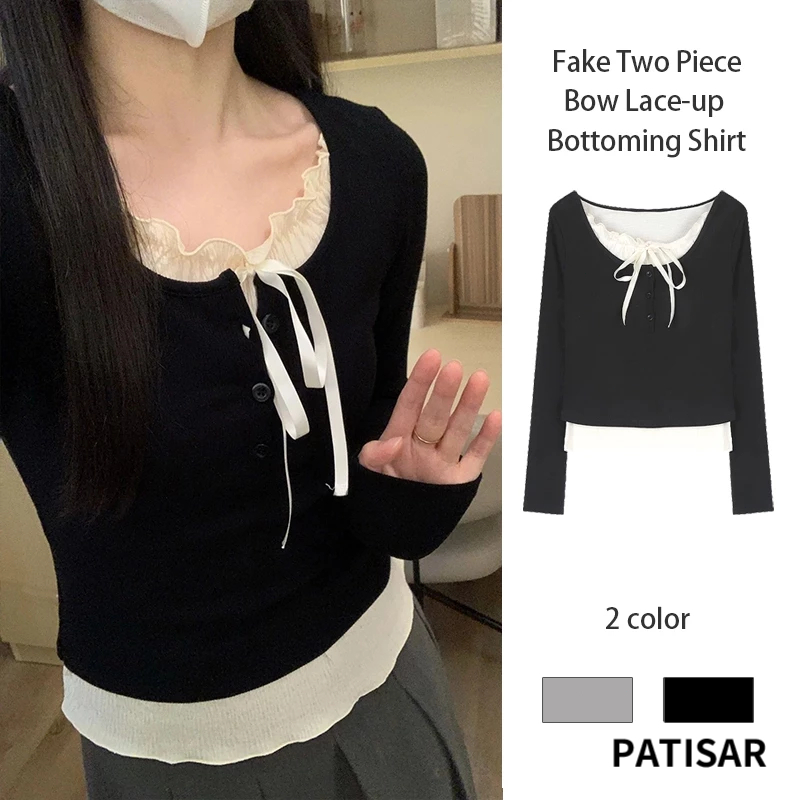 ปลอม 2 ชิ้นเสื้อยืดผู้หญิง Bow LACE-up Bottoming เสื้อ Ruffle EDGE SLIM FITTING TOP PR