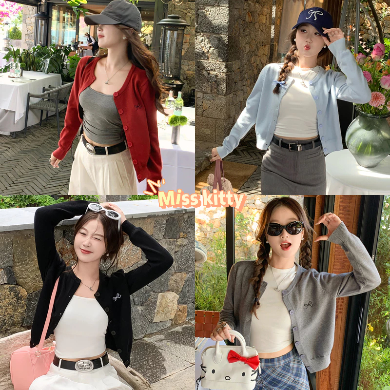 Miss Kitty🔥จัดส่งที่รวดเร็ว🔥ท่านหญิง เสื้อคาดิแกรนไหมพรม แขนยาว คอกลมเกาหลีมาก ปักฌบว์ที่หน้าอก *Z-YX12*
