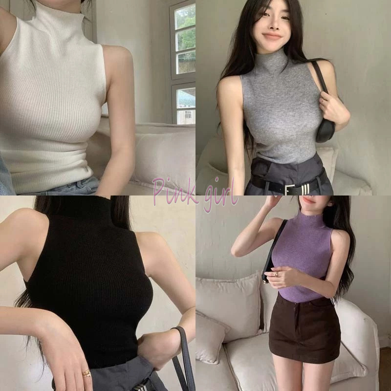 💋Pink girl💋​พร้อมส่ง เสื้อกล้ามไหมพรม คอเต่า ดีเทลผ้าร่องเล็กใส่สบาย "M058"