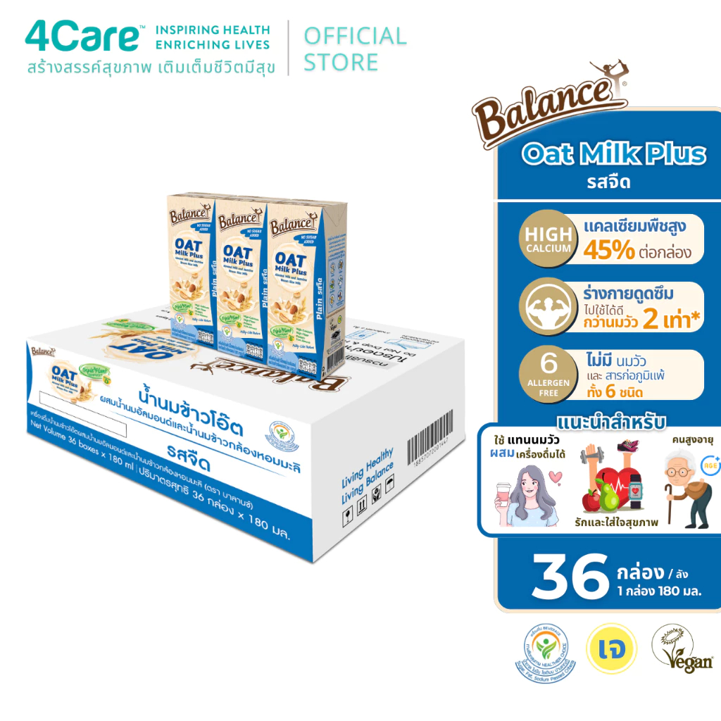 [1ลัง 36 กล่อง] Balance Oat Milk Plus รสจืด ขนาด 180 ml. ผสม 3 ธัญพืชเด่น ข้าวโอ๊ต,อัลมอนด์,ข้าวกล้องหอมมะลิ