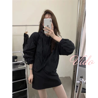M-XL แจ็คเก็ตสั้นผู้หญิง สีทึบ ดีไซน์หรู เนื้อบางเบา ดรอว์สตริง ปรับเอวได้ ใส่ได้ทุกวัน กันลม ราคาถูก VIDO