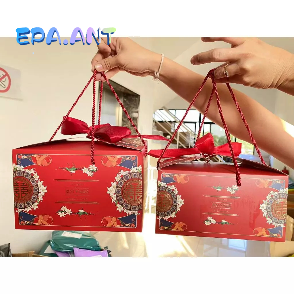 กล่องสีแดงอักษรจีน BEST WISHES ใส่ส้ม ขนมไหว้พระจันทร์ เทศกาลตรุษจีน มีริบบิ้น+อักษรจีน+โบว์+เชือกหูหิ้ว