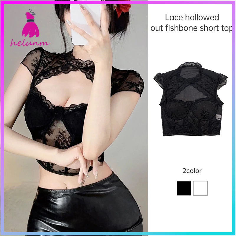 🔥【เตรียมส่ง】🔥เสื้อคอกลมลูกไม้ Bottoming ก้างปลากลวงออกด้านบนพอดีตัว สะดือสั้นด้านบน