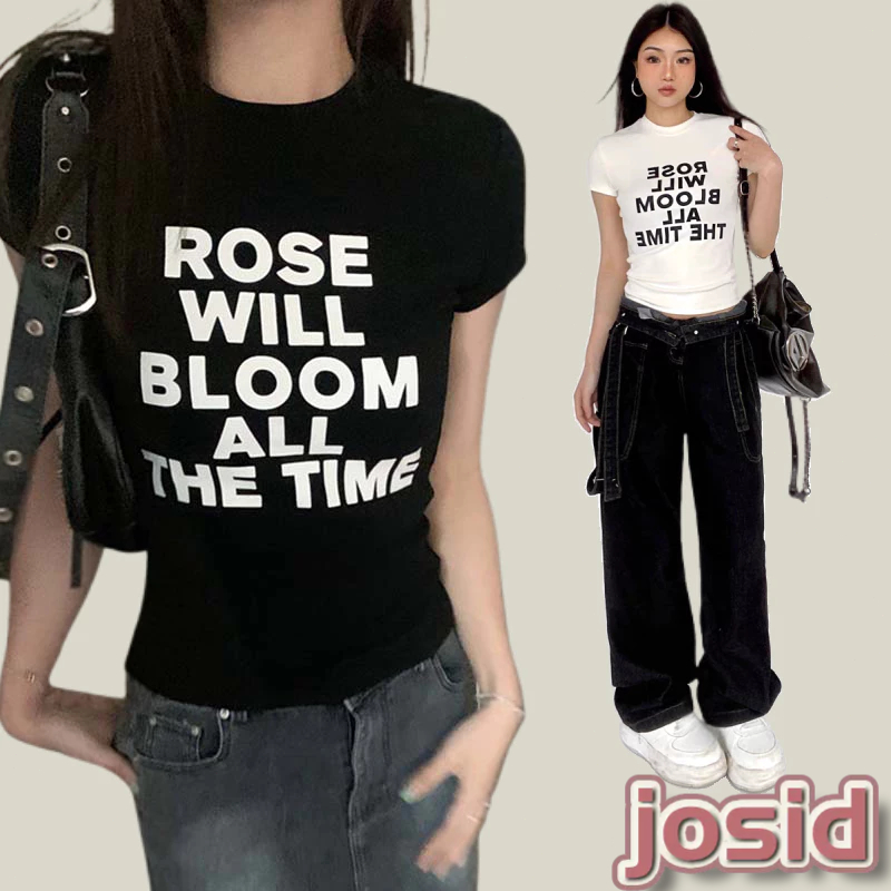 พิมพ์ตัวอักษร แขนสั้น เสื้อยืด ผู้หญิง ฤดูร้อน Top Retro เสื้อยืด Niche Slim FITTING JD