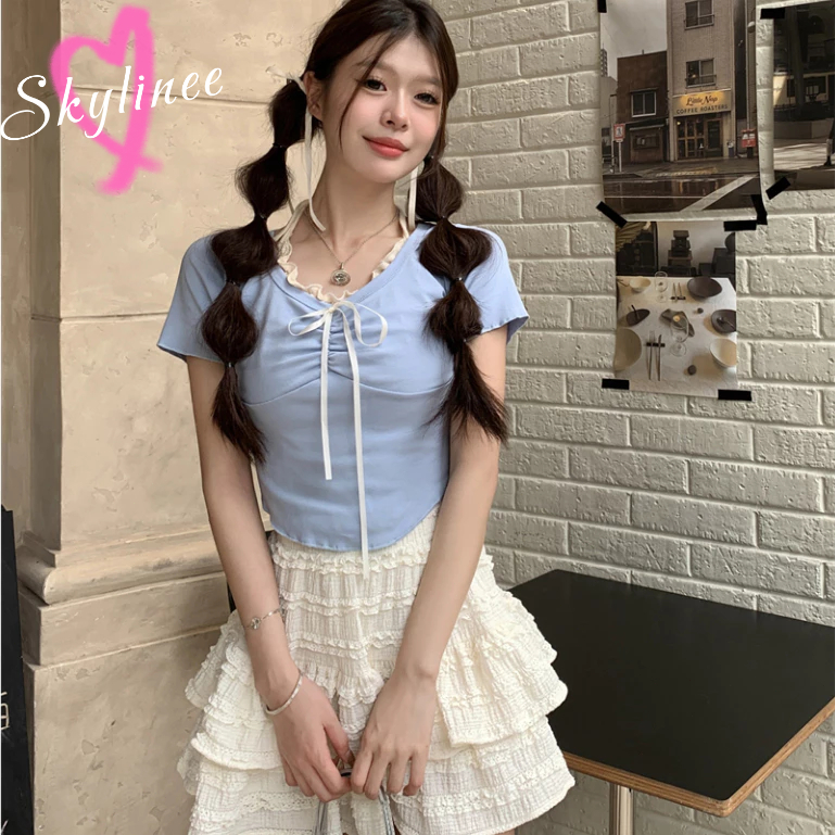 24Hพร้อมส่ง เสื้อครอปแขนสั้น คอกลม ดีเทลแต่งเย็บ2ชั้น สีพาสเทล SL
