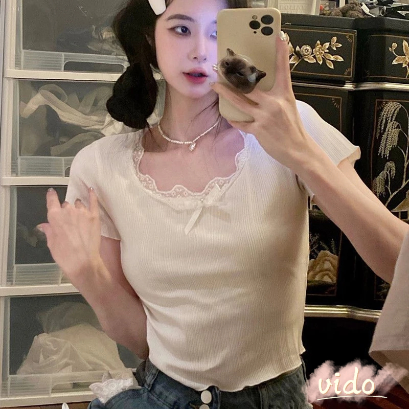 เสื้อยืดแขนสั้นโบว์ลูกไม้ผู้หญิงออกแบบเสื้อยืดสั้นกระชับสัดส่วน Sense Chic Top VIDO