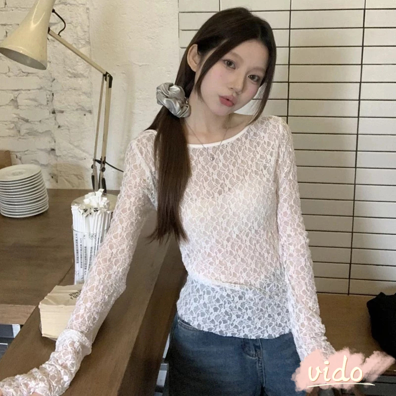 （ไทยส่ง）สองชิ้นคอ U ลูกไม้ถักด้านบนด้านหน้าและด้านหลังโปร่งใสสไตล์วินเทจสำหรับผู้หญิง VIDO