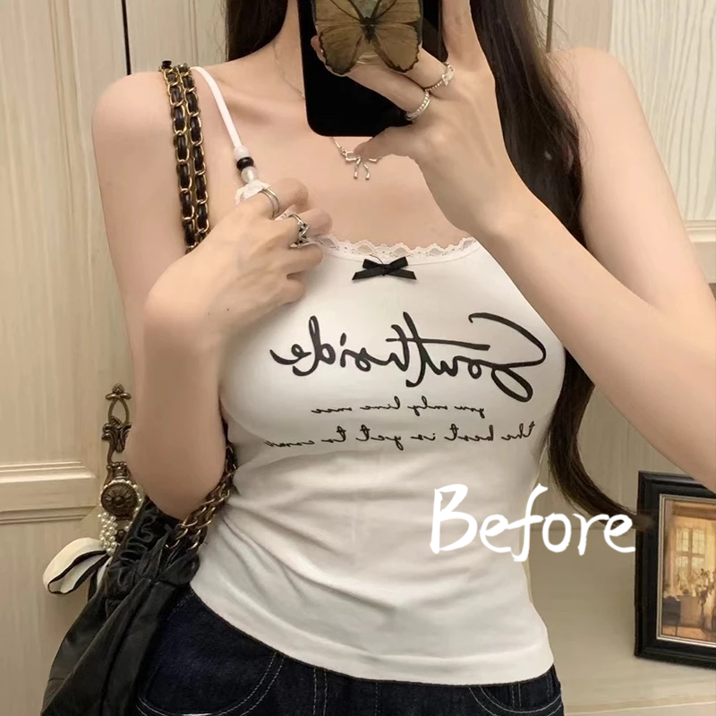 หวานเย็นสไตล์จดหมายพิมพ์ยกทรงผู้หญิงบางกระชับเสื้อลูกไม้แขนสั้นด้านบน BF