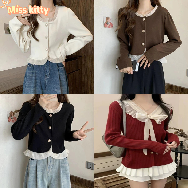 Miss Kitty พร้อมส่ง ​เสื้อแขนยาวไหมพรม ใส่ง่ายมาก คอกลมแต่งระบาย ผ้าร่องเล็ก "C150"