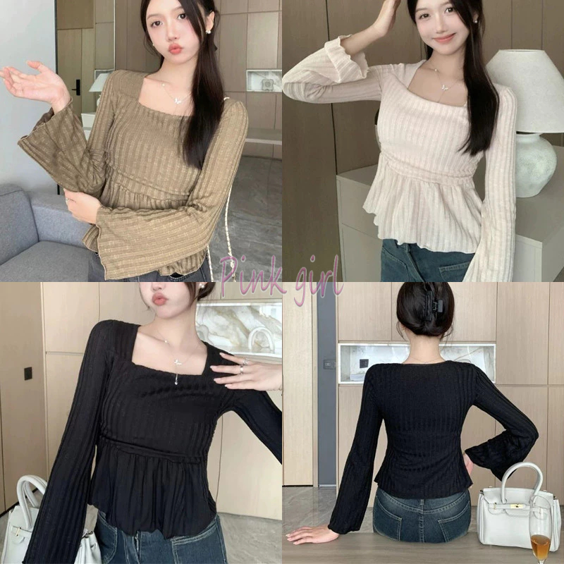 💋Pink girl💋​พร้อมส่ง เสื้อไหมพรมผ้าพริ้ว แขนยาวคอเหลี่ยม "95153" -C
