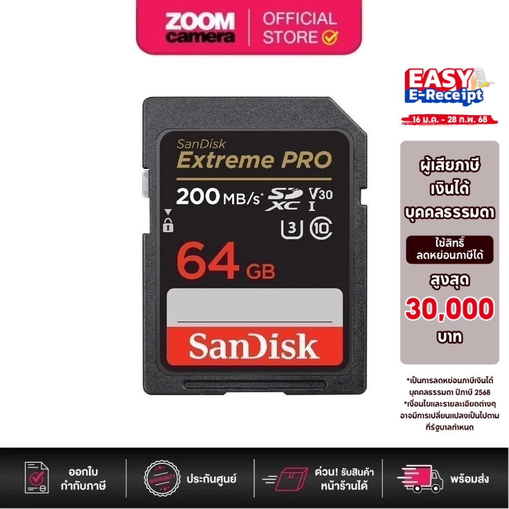 Sandisk Extreme Pro SDXC 64GB U3 V30 R200/W90 SDSDXXU-064G-GN4IN (ประกันศูนย์)