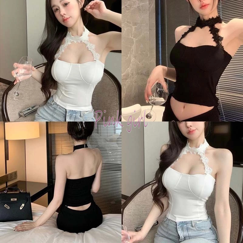 💋Pink girl💋​พร้อมส่ง เสื้อเกาะอก มีฟองน้ำ เกาหลีสไตล์ แต่งโชเกอร์ลายลูกไม้ สีพื้นขาวดำ "FY2234-J"