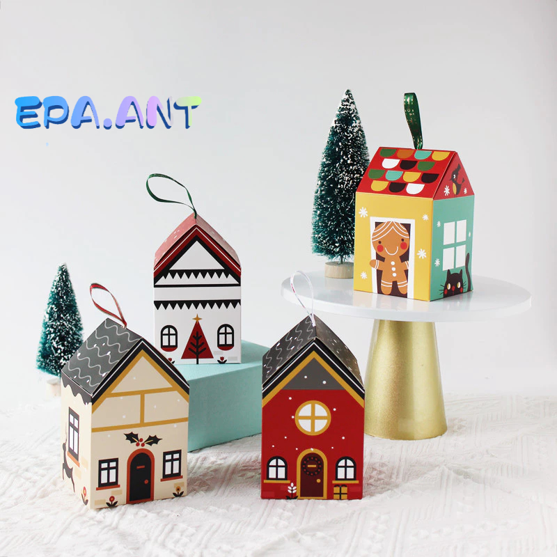EPA กล่องคริสมาส กล่องของขวัญคริสต์มาส กล่องขนม ทรงบ้าน4สีคละลายขนาด 8.5*8.5*13 cm