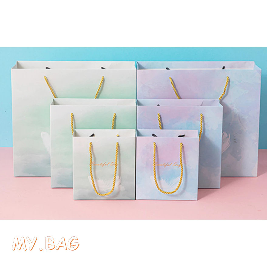 🌷🌷BAG🌷🌷 ถุงกระดาษพิมพ์ลาย ถุงไล่ระดับสี ลายขนนก ใส่ของขวัญ ของรับไหว้ มี 3 ขนาด