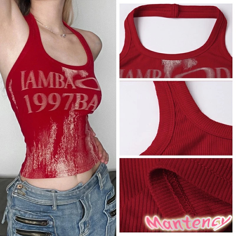 เสื้อครอปท็อป แขนกุด สายคล้องคอ สั้นพิเศษ ลายตัวอักษร รูปที่ 8