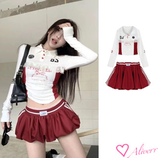 ปกปก ลูกไม้ โบว์ เสื้อยืดแขนยาวพิมพ์ลาย กระโปรงสั้นปุย เสื้อ…