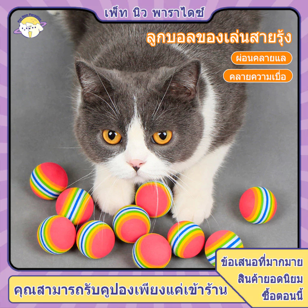 ลูกบอลแมว ของเล่นแมว ของเล่นเเมว บอลแมว บอลสายรุ้ง เด๋งดึ๋ง เคี้ยว กัด ช่วยขัดฟันสัตว์เลี้ยง