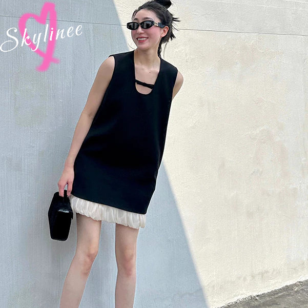 สไตล์ฝรั่งเศส Hollow-OUT ชุดเดรสแขนกุดผู้หญิง High-end ชุดเดรสสั้นหลวม A-Line Dress SL