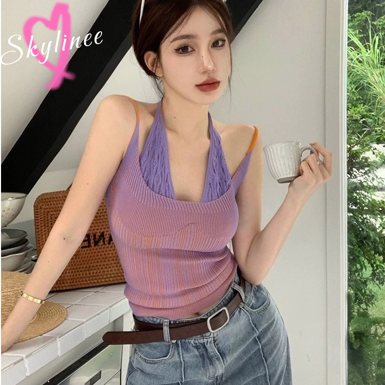 พร้อมส่ง เสื้อสายเดี่ยวไหมพรม ดีเทลเพิ่มสายคล้องคอ สีน่ารัก SL