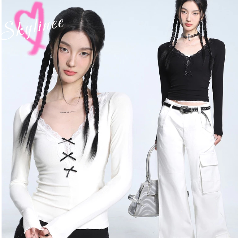 พร้อมส่ง เสื ้ อยืดผู ้ หญิง 2024 แฟชั ่ นสีทึบ V คอ Causal Slim Fit เสื ้ อแขนยาว SL