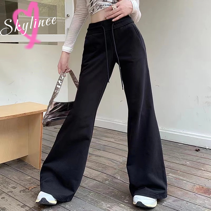 สไตล์อเมริกัน Boot-cut ขากว้าง Sweatpants กางเกงกระชับสัดส่วนเอวสูงกางเกงลำลองผู้หญิง SL