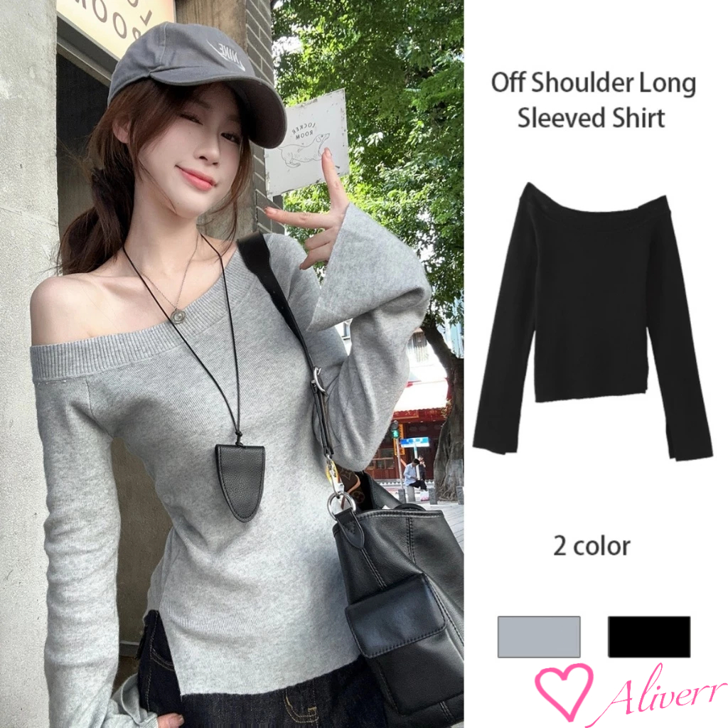 เสื้อยืดแขนยาวปิดไหล่ สาวฮอต สลิมฟิต เสื้อบอททอม ซอกแยกด้านบน LIVE