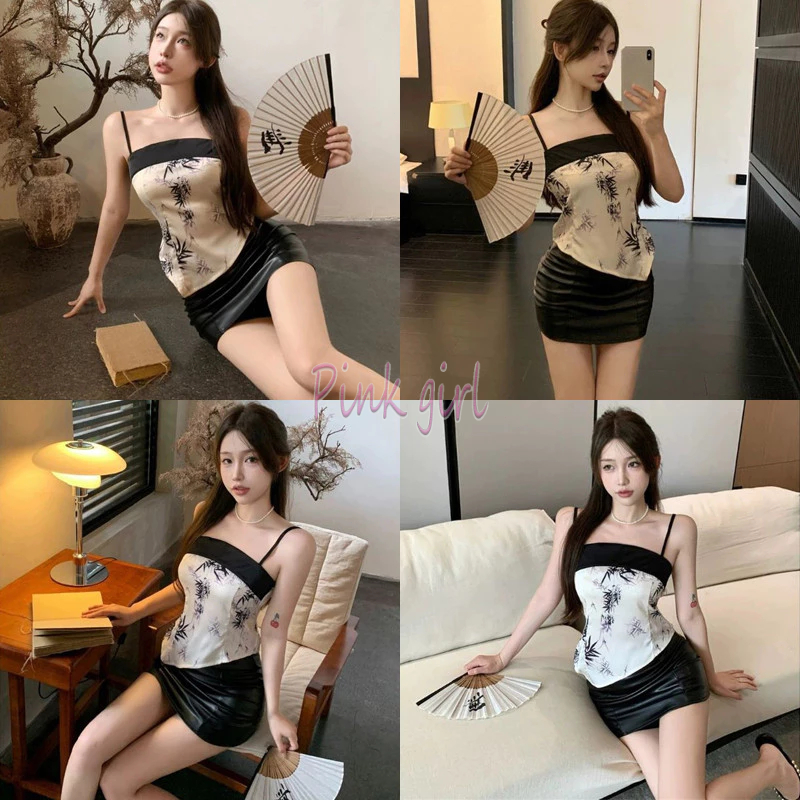 💋Pink girl💋​พร้อมส่ง เสื้อสายเดี่ยว มีฟองน้ำในตัว ดีเทลลายใบไม้ "FY2280" -H