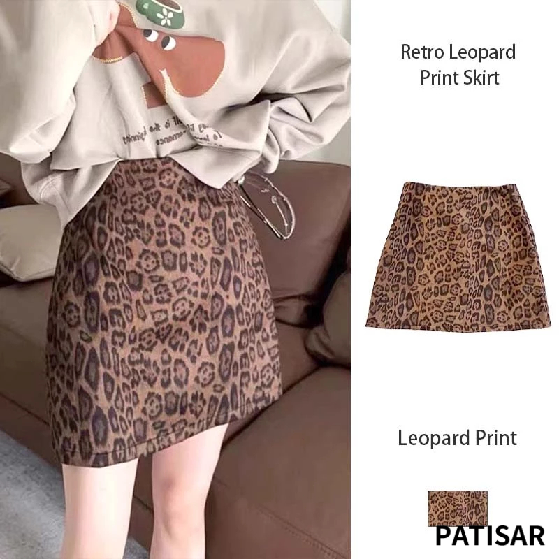 Slim Fitting A-line Skirt Skirt Retro High Waist Versatile Women Leopard Print Short Skirt PR