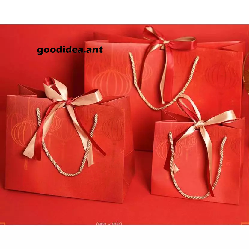 GIDA✏️ ถุงกระดาษตรุษจีน ถุงใส่ของขวัญของรับไหว้ ถุงสีแดงลายโคมจีน พร้อมริบบิ้นผูก - รูปที่ 2