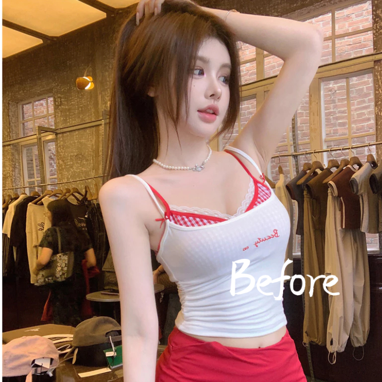 ลูกไม้ลายสก๊อต Camisole ผู้หญิงเซ็กซี่สีตัดกัน TOP Girlish ขี้เล่นปลอม 2 ชิ้น BF