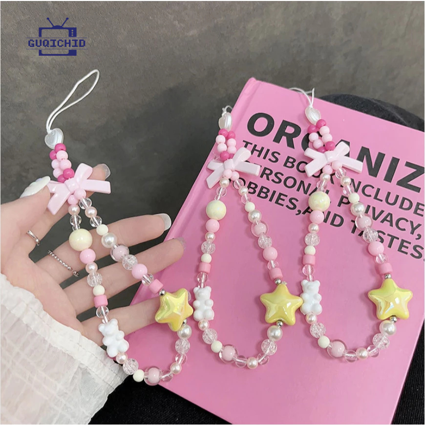 โทรศัพท์ โซ่คล้อง สายคล้องโทรศัพท์แบบญี่ปุ่น-เกาหลี ลูกปัดโบว์ สายคล้องโทรศัพท์แบบห้อย สายคล้องกล้อง พวงกุญแจ ccdเชือกคล