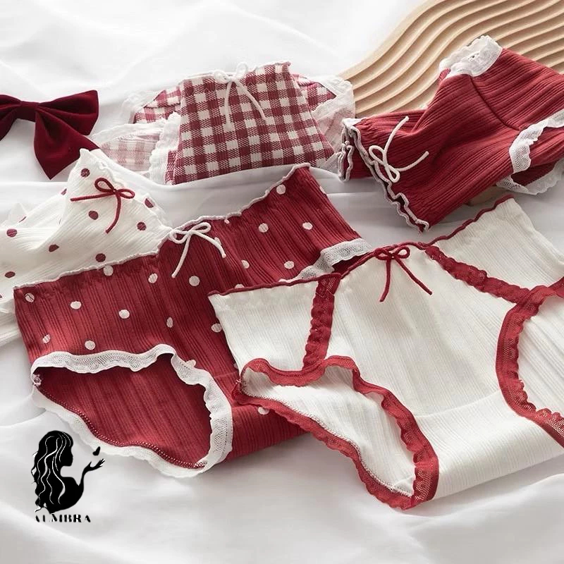 กางเกงในแฟชั่นผู้หญิง สวยหรูมีสไตล์  โทนขาวแดง เอวกลาง ใส่สบาย พร้อมส่ง CS053