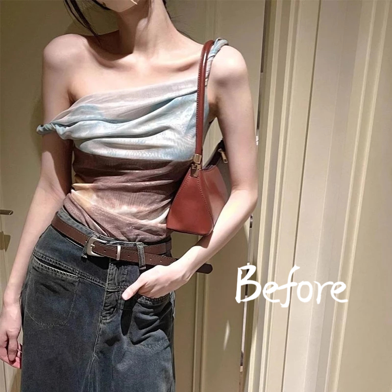 ย้อมน้ำมันวาดตาข่ายเสื้อกั๊กผิดปกติสั้น Camisole ผู้หญิงฤดูร้อนปิดไหล่หวานร้อนด้านบน BF