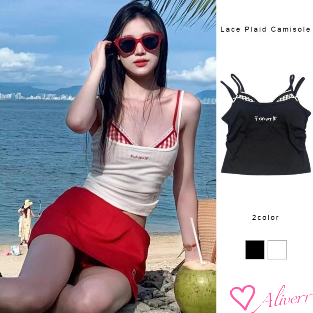 พร้อมส่ง เสื้อสายเดี่ยว/เสื้อยืด ชิ้น สไตล์เกาหลี สามารถแยกใส่ได้ ลายสก็อตน่ารักมากๆ LIVE