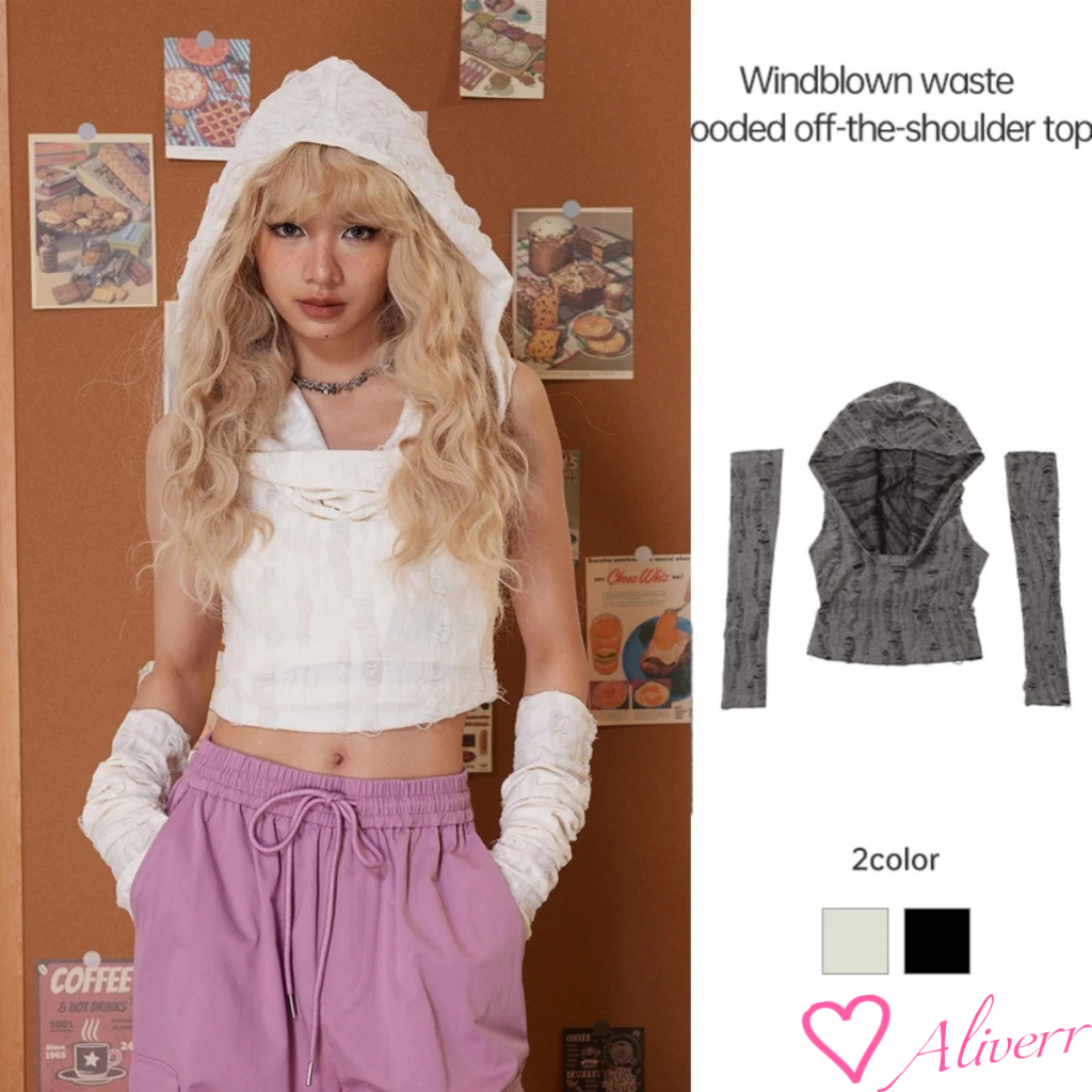 24H รวมถึงแขนเสื้อ เสื้อยืดผู้หญิง 2024 สีทึบ Ripped Hooded Oversleeves Slim Fit Casual Tops LIVE