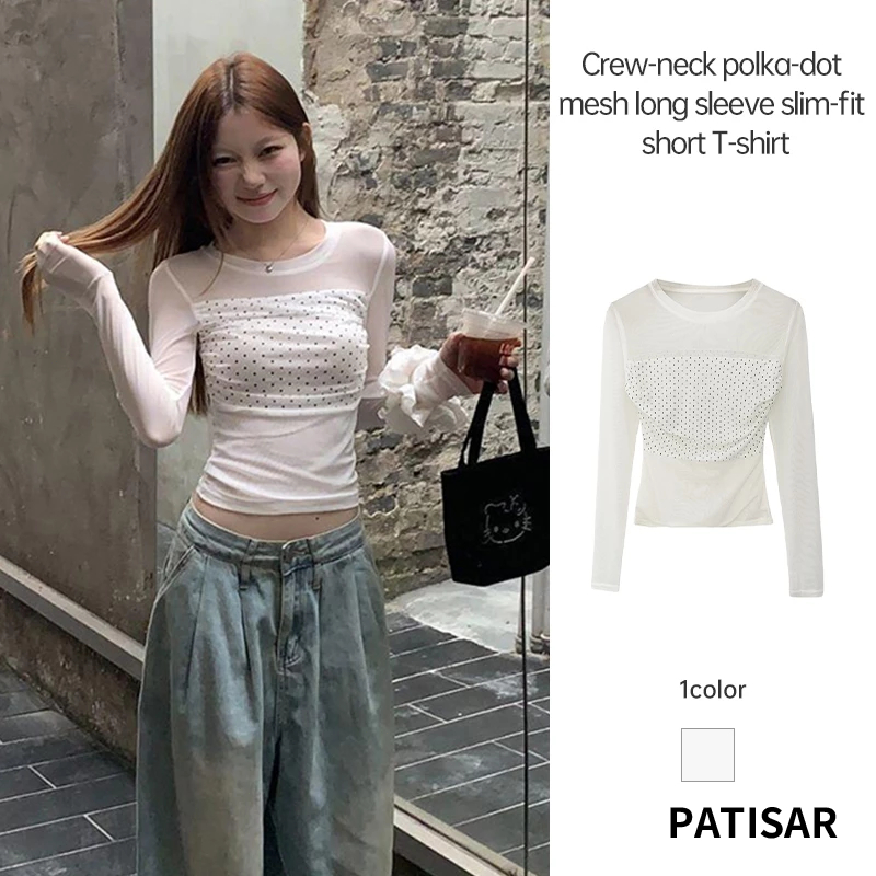 SLIM FITTING เสื้อยืดแขนยาวผู้หญิง Polka Dot Patchwork เสื้อยืดตาข่ายอเนกประสงค์ Hot Girl TOP PR