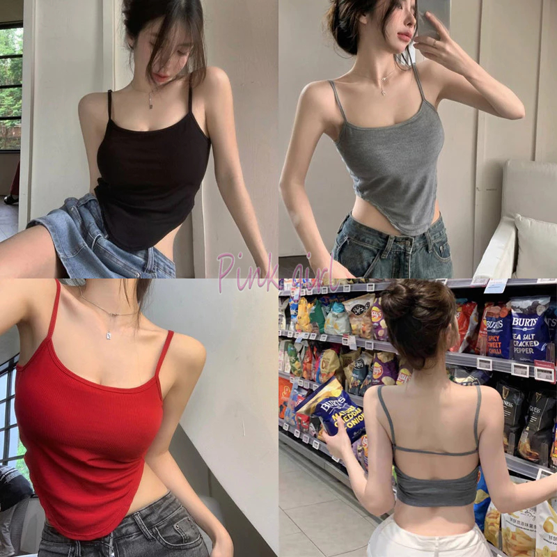 Pink girl พร้อมส่ง เสื้อสายเดี่ยว มีฟองน้ำ ดีเทลสายปรับสั้นยาวได้ ผ้ารัดตัวทิ้งตัว "FY3318" -DD