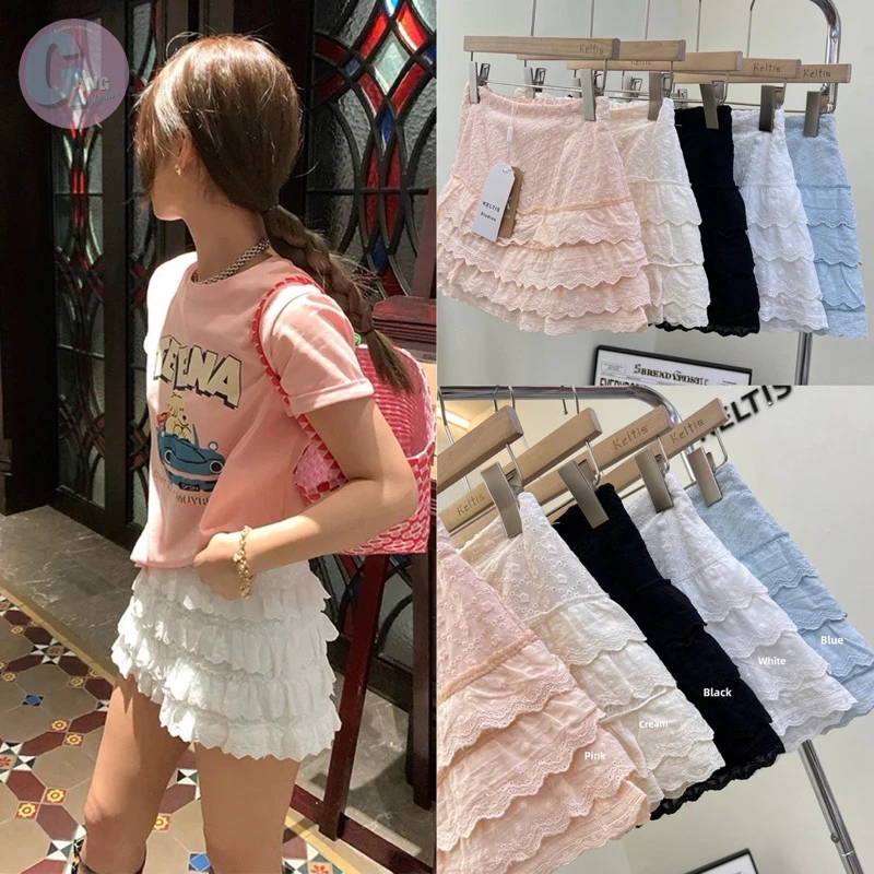 Gang_jeans#203(K)กระโปรงลูกไม้ระบาย4ชั้น ทรงเค้ก มีซิปข้าง(สาวS-M)📌 แต่งลายลูกไม้ มี 5 สี