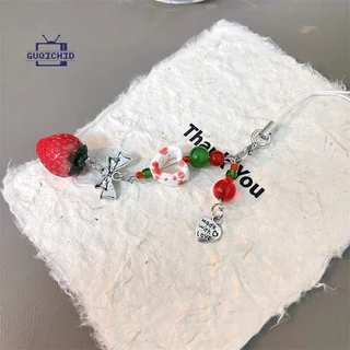 สายคล้องโทรศัพท์มือถือ จี้รูปหัวใจกลวงรูปสตรอเบอร์รี่ สไตล์หวาน สร้างสรรค์ สายคล้องโทรศัพท์ เคสโทรศัพท์ Anti-Lost