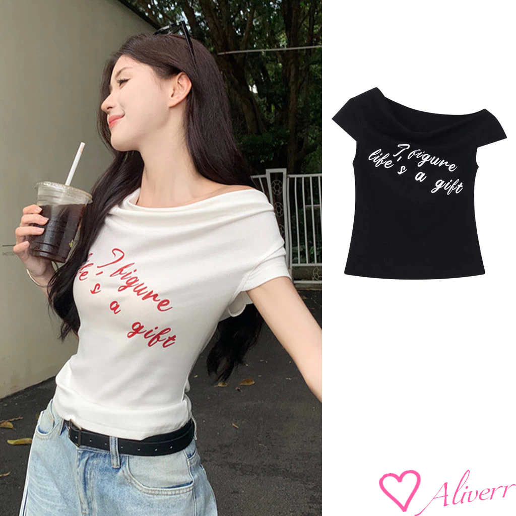 เสื้อยืดแขนสั้นเข้ารูปพอดีตัวผู้หญิงพิมพ์ลายสั้นสาวร้อนปิดไหล่ด้านบน LIVE