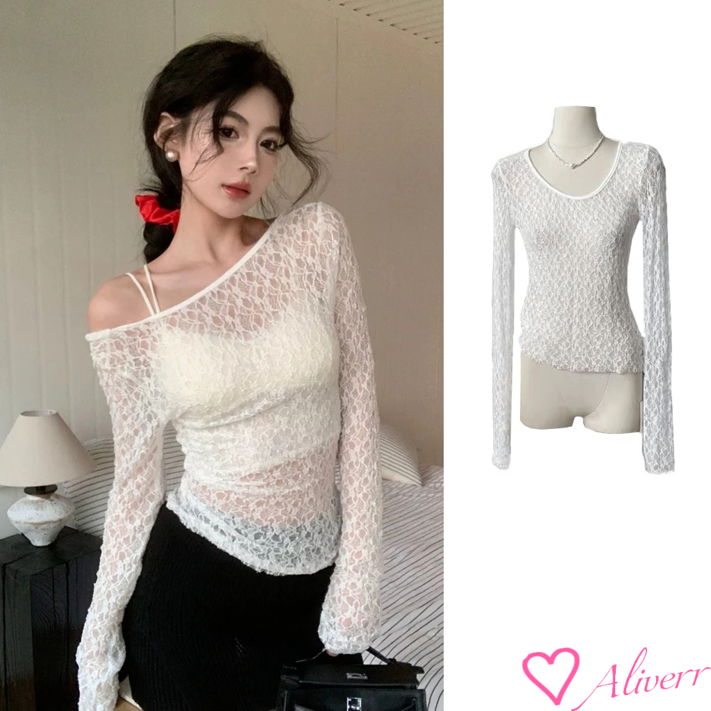 🌟พร้อมส่ง🌟 เสื้อถักไหมพรมแขนยาว คอกลม ดีเทลลูกไม้ซีทรู LIVE