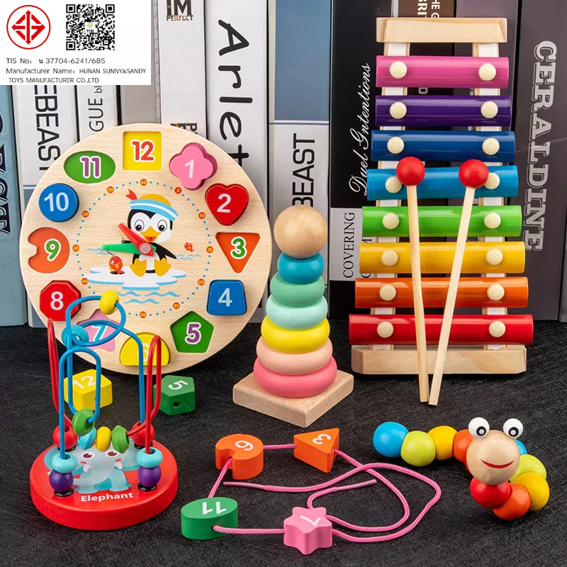ของเล่นไม้เสริมพัฒนาการ บล๊อคไม้เลขาคณิต ของเล่นไม้ เสริมพัฒนาการ ตัวต่อรูปทรง  ห่วงไม้สีรุ้งสวมหลัก