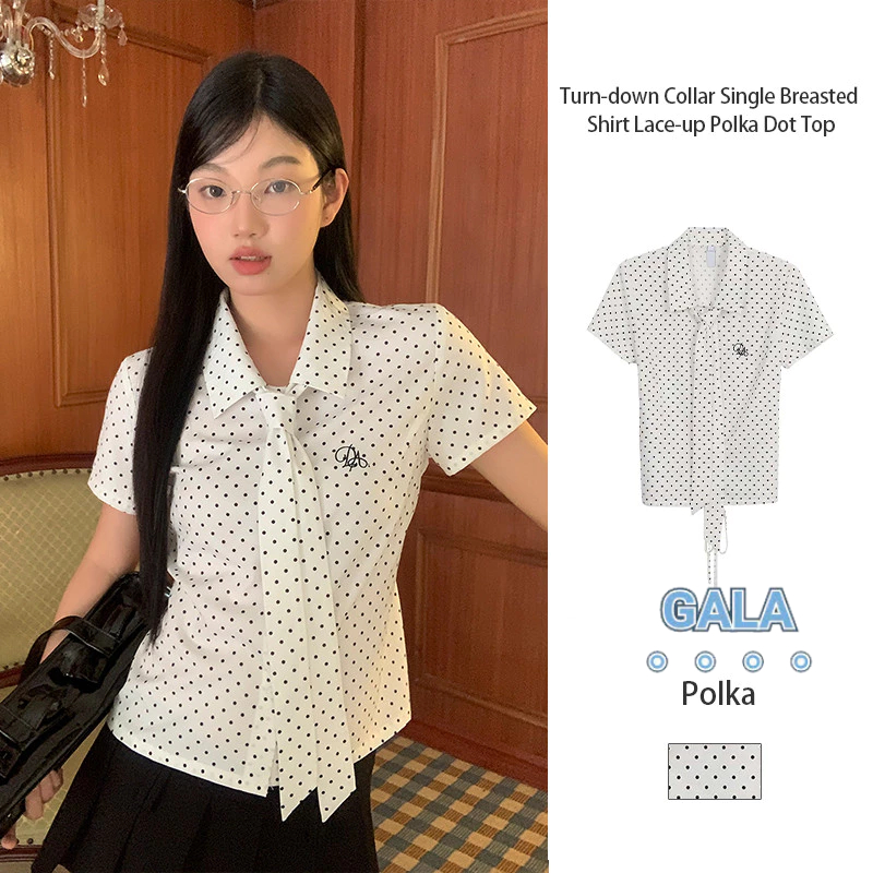 เสื้อเชิ้ตแขนสั้นการออกแบบฤดูร้อนสีขาวฝรั่งเศสพรีเมี่ยมลายจุดด้านบน GA